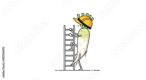 Cartoon Radish Climbs Ladder While Wearing A Construction Helmet With A Black Background