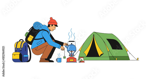 Camping Adventure Illustration Depicts Solo Traveler Preparing Drink At The Campsite