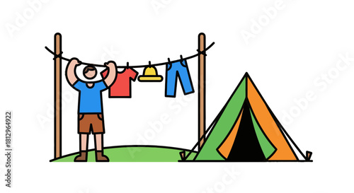 Camping Adventure Illustration Featuring Figure Hanging Clothes with a Tent and Clothing