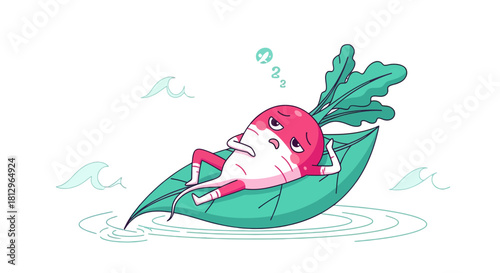 Cartoon Radish Relaxing on a Leaf Surrounded by a Dark Background and Water
