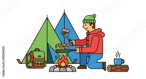 Camping Adventure: Outdoorsman Cooking Pancakes At Campsite With Backpack And Tent