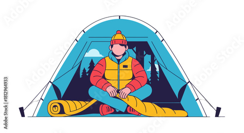 Camping Adventure: Person Relaxing Inside Tent, Illustration With Nature Backdrop