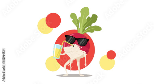 Cartoon Radish Relaxing, Enjoying Refreshing Drink with Dark Sunglasses on Black Background
