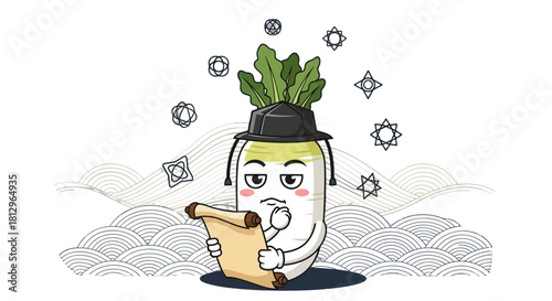 Cartoon Radish Reading a Scroll, Contemplating Wisdom, Black Background Illustration