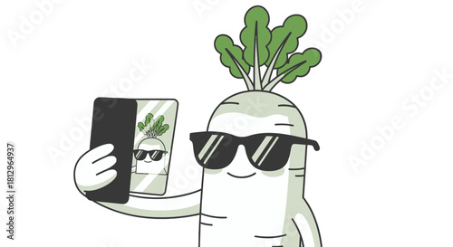 Cartoon Radish Wearing Sunglasses Takes a Selfie on a Black Background