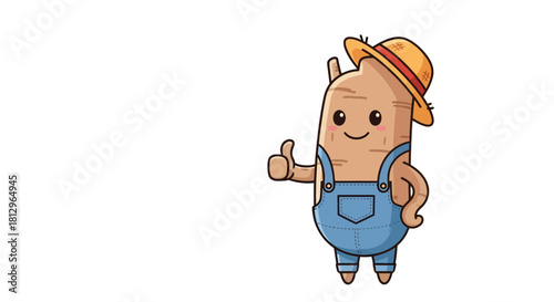 Cartoon Root Vegetable Farmer In Overalls With Straw Hat Giving Thumbs Up, Isolated