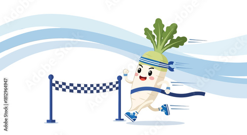 Cartoon Radish Wins Race And Crosses The Finish Line With A Smile