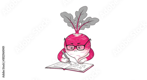 Cartoon Radish With Glasses Sketching On Paper And Planning On Dark Background