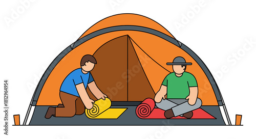 Camping Preparation: Two Friends Unfurling Sleeping Pads Inside Of A Tent Shelter
