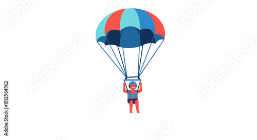 Cartoon Skydiver Descending With Parachute in Mid-Air Over A Deep Black Background