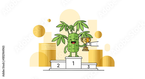 Cannabis Cartoon Character Wins Trophy on a Podium in a Modern Artistic Illustration