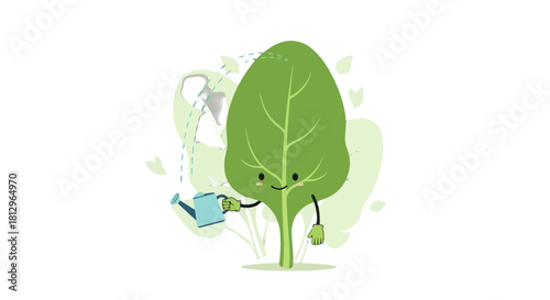 Cartoon Spinach Character Watering Itself With A Cute Expression of Self-Care And Nourishment