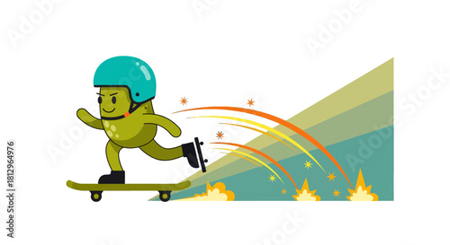 Cartoon Skater Enjoying Skateboarding Past Blazing Trails And Asterisk Fireworks