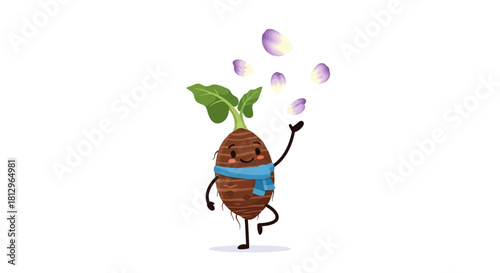 Cartoon Taro Root Dancing And Playing With Petals On Black Background