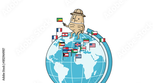 Cartoon Spud Explorer Planting Flags Worldwide Symbolizing Global Cultures