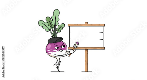 Cartoon Turnip Artist With Paintbrush is Ready to Start Creative Masterpiece Production