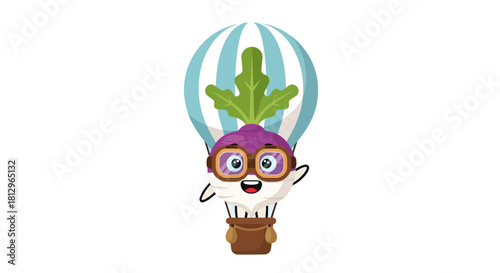 Cartoon Turnip Pilot Soaring Through The Sky In A Striped Balloon Adventure