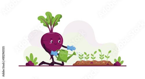 Cartoon Beetroot Gardener Nurturing New Plants With a Watering Can in The Garden