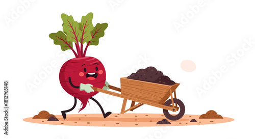 Cartoon Beetroot Man Pushing Wheelbarrow With Soil Against Black Background