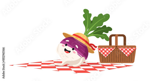Cartoon Turnip Enjoys A Picnic With A Hat, Red Ribbon, And Chequered Blanket