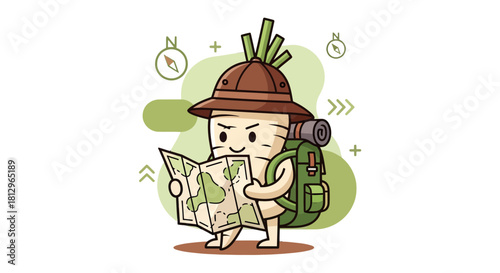 Cartoon Vegetable Adventurer Exploring Maps and The Natural World on a Journey