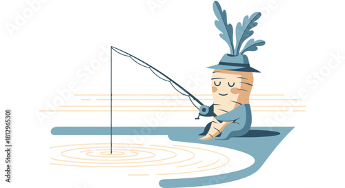Cartoon Vegetable Character Patiently Fishing in a Serene Pond at Night