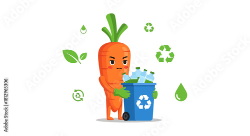Cartoon Carrot Character Recycling Plastic Bottles and Promoting Environmental Conservation