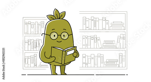 Cartoon Vegetable Character Reading A Book in The Library with Bookshelves Setting On Black