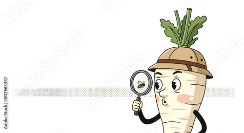Cartoon Vegetable Detective with Magnifying Glass Observing a Tiny Insect Carefully