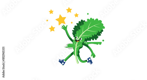 Cartoon Vegetable Character Reaching For Golden Stars On Black Background For Designs
