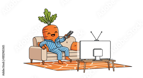 Cartoon Carrot Enjoying Television In Pajamas On A Cozy Couch For Relaxation