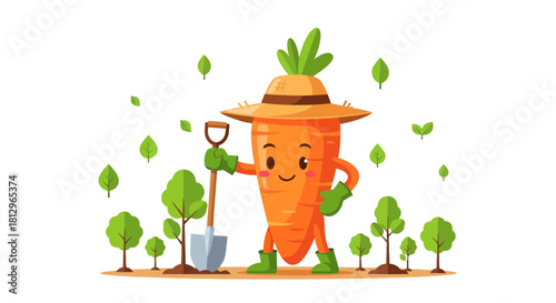 Cartoon Carrot Gardener Smiling While Planting Trees On Black Background