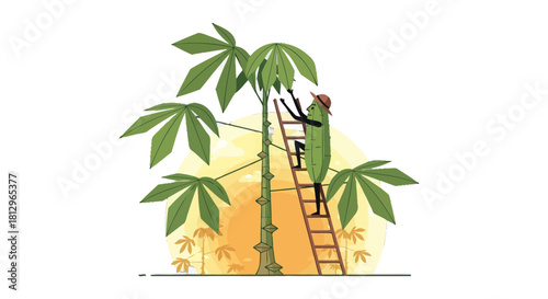 Cartoon Vegetable Gardener Harvesting From a Tropical Tree Silhouette Against a Glowing Sun