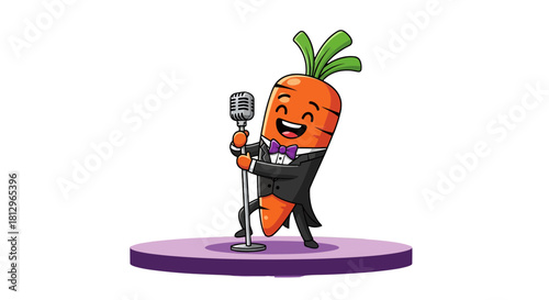 Cartoon Carrot Character Singing With Microphone On A Stage Under Black Backdrop