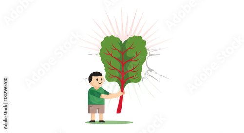 Cartoon Youngster Holding a Brightly Illuminated Plant Isolated on a Dark Background