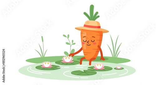 Cartoon Carrot With Hat Relaxing By Lily Pads On Pond In Delightful Sunny Day
