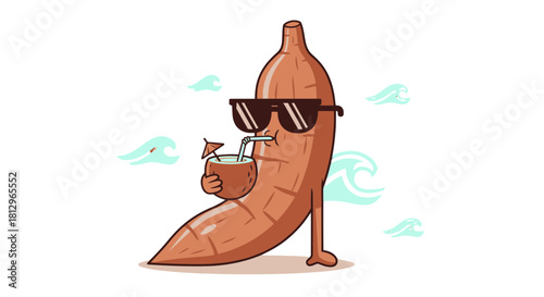 Cartoon Cassava Enjoys Refreshing Drink at the Beach, Wearing Stylish Sunglasses
