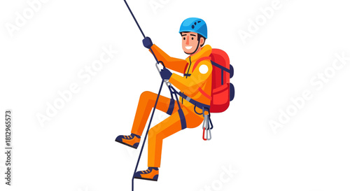 Cartoonish Climber Descending Rope Against Black Background Illustrating Adventure Recreation