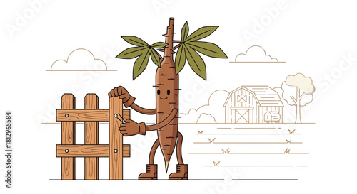 Cartoon Cassava Farmer Constructing a Fence in a Rural Farm Environment Depiction