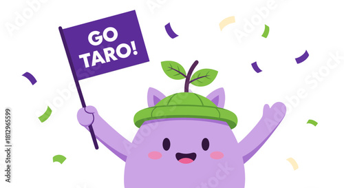 Cartoon Character Cheering With A 'Go Taro!' Flag Amidst Festive Confetti