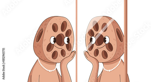 Cartoon Character Reflection Contemplating Its Image In a Mirror With Pearls Adorning