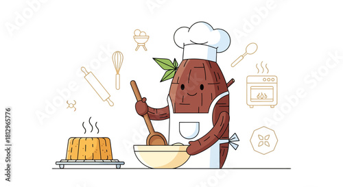 Cartoon Chef Character Baking a Dessert in a Kitchen Environment With Minimalist Elements