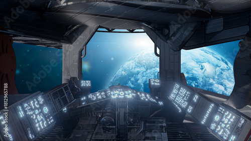 Spaceship Cockpit Interior with View of Earth and Stars Through Window - Sci-Fi Space Travel 3d render