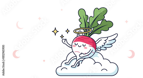 Celestial Radish Resting On A Cloud With Wings And A Halo Against A Black Background