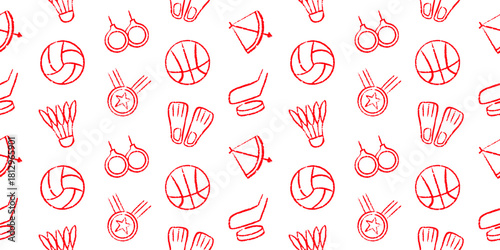 Seamless Sport and Active Doodle Pattern: Volleyball, Basketball, Fin, Shuttlecock, Medal, Gym Equipment, and Scissors. Grunge Texture Background for Athletic Wear, Fitness Promos, Competition Events