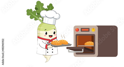 Cartoon Chef Radish Baking Freshly Baked Bread in an Oven for Delightful Culinary Creations