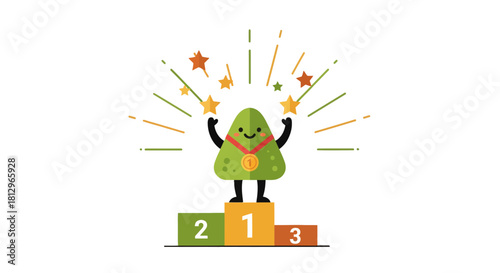 Charming Animated Character Celebrating Victory on Podium with Fireworks and Joyful Expression