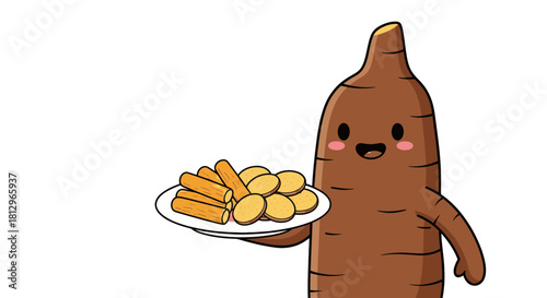 Charming Animated Cassava Character Delivers A Plate Of Delicious, Golden Snack Options