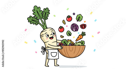 Cartoon Cook Preparing Fresh Salad With Fruits And Vegetables Against a Black Background