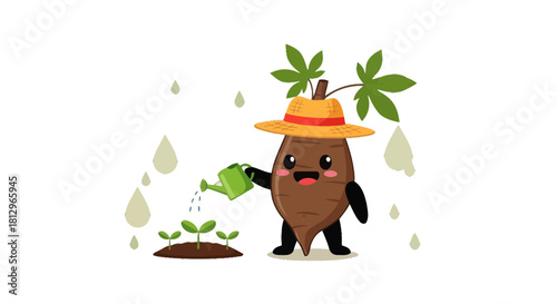 Charming Animated Cassava Character Watering Saplings And Cultivating New Growth with Hat
